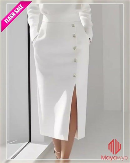 Long Sleeve Button Detail Midi Dress with Side Slit