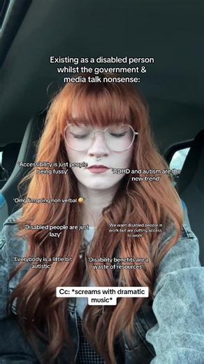 This is an accurate representation on how I have been feeling recently 🤪💀🦽 VD: Zoe is a young whige person with long ginger hair and a fringe. She is sitting in the car looking directly at the camera as it slowly zooms in on her face. She screams at the end in frustration. The screen reads ‘existing as a disabled person whilst the government & media talk nonsense’. Then on screen individual quotes appear slowly covering the screen. They read ‘disabled people are just lazy. Everybody is a bit 