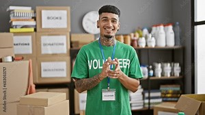 Confident young latin man clapping hands with a smiling face, exuding joy as an involved volunteer at the heart of community charity center