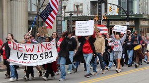 Protestors marched on the Ohio Statehouse this afternoon to protest Senate Bill 1, a Republican-led piece of legislation that would have major impacts on higher education in Ohio. MORE: https://columbusunderground.com/category/civics/ #protest #protests #50501 #trump #musk #elonmusk #columbus #columbusoh #columbusohio #ohio #cbus #sb1 #ohio #republicans #gop #highereducation #highered #ohiostate | Columbus Underground
