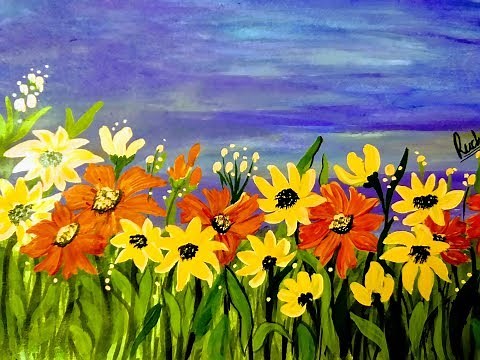 How to paint flower garden with acrylics colours | Easy Beginners painting