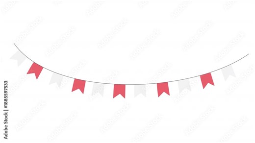 Garland of red and white flags. Animation of pennant decorations on a string, alpha channel. Cartoon