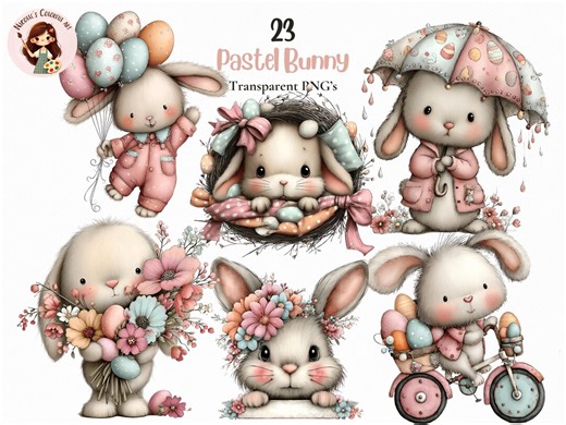 23 Whimsical Pastel Bunny Clipart - Cute Watercolor Easter Bunny Graphics (23 Png's) (digital Download) - Etsy Australia