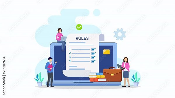 Business people studying list of rules, reading guidance, making checklist 2d video animation 4k clip