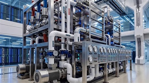 Massive Coolant Distribution Unit in hyperscale AI facility contains thick industrial piping, chrome heat exchangers, and analog pressure gauges.