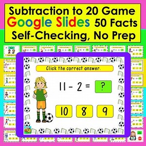 Subtraction to 20 GAME Google Slides Self-Checking 50 Facts Sports PDF LINK