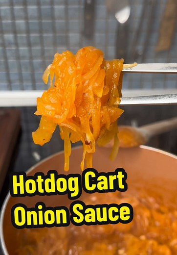 Hotdog Cart Onion Sauce . 1 thinly sliced onion 1 tbsp olive oil 3 cloves minced garlic 2 tsp of both salt & pepper 1/4 cup ketchup 1/3 cup water Pinch of cinnamon (optional) . Thinly slice onions and add them to a pot with the olive oil. Season with salt, pepper, and add in garlic. Cook over medium heat for 10 minutes, stirring often, when onions begin to turn translucent, add in ketchup, water and cinnamon. Cook until liquid has reduced by more than half, about 15 minutes. Allow to cool before