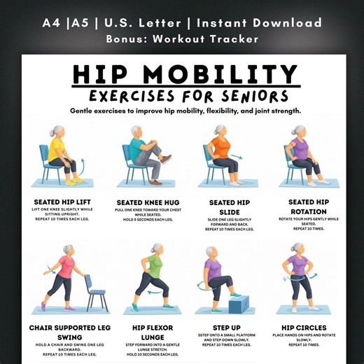 Hip Mobility Exercises for Seniors Printable, 12 Gentle Hip Strength & Flexibility Exercises, Senior Hip Pain Relief Workout Chart - Etsy