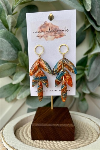 Handmade Polymer Clay Fall Earrings: Orange & Blue Translucent Jewelry - Etsy