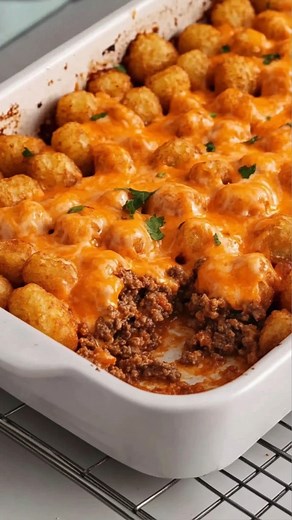 Tater Tot Casserole 🥔🧀 — Crispy, cheesy, and so easy! Ready in 45 mins (just 5 mins prep!). Who’s making this comfort food classic tonight? Drop a ❤️ if you like this recipe! ⏱️ Prep: 5 mins ⏱️ Cook: 40 mins 🍽️ Serves: 4 📊 Per serving: 345 kcal | 24g fat | 17g carbs | 19g protein | Stacy's Kitchen Creations