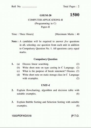 Computer Applications-II (Programming In C) BSC 2nd Sem KUK Previous Year 2020