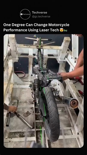 GS Techverse on Instagram: "A single misaligned degree can completely change how a motorcycle rides, handles, and wears over time. This precision process uses laser-guided reference lines, fixed jigs, and controlled mechanical force to bring the frame, swingarm, and rear wheel back into perfect alignment. The green laser establishes a true centerline, exposing distortions that are invisible to the naked eye. Rather than replacing parts, technicians carefully apply measured force to realign the c