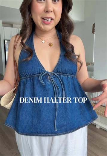 100% cotton denim hater top 🤍 give the girls an instant lift >> I’m 5’2 wearing a size small it fits true to size :) #haltertop #denimtop #summertops #backlesstop #tiktokshopspringglowup