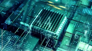 Crypto data mining on blockchain technology. Futuristic virtual CPU processor on cryptography concept. 4K UHD visualization animation transfer binary code digit video loop background.