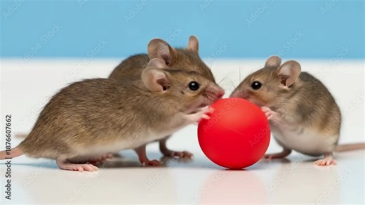 Little mouse playing with a red ball changing its position, closeup full shot on white background, studio footage