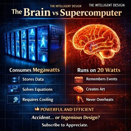 The world’s most advanced supercomputers consume megawatts of power, require massive cooling systems, and occupy entire buildings. Your brain? • Runs on about 20 watts • Contains ~86 billion neurons • Processes sensory data in real time • Stores memories • Creates language, art, mathematics, and ideas One is clearly engineered. The other is far more energy-efficient and functionally integrated. | The Intelligent Design