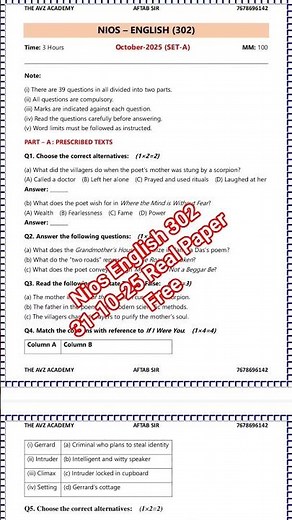 NIOS English 302 | October 2025 Real Question Paper With Answers | Class 12 | Set A, B, C | Paper