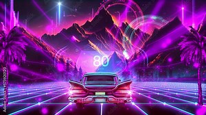 A vintage car appears on the screen and starts driving on a digital road with a futuristic design