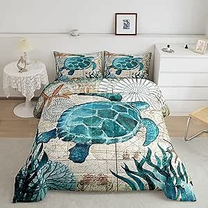 Erosebridal Turtle Bedding Teal Turtle Comforter Set Turquoise Ocean Themed Mediterranean Style Printed Design Ocean Turtle Down Quilted Duvet Set Twin Size 1 Comforter 1 Pillowcase (Twin, Turtle)