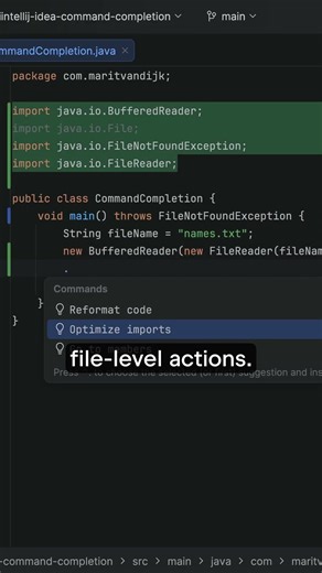 Use command completion for file level actions; reformat code, optimize imports and more...