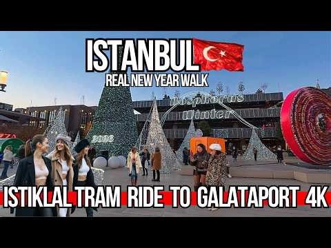 Real Istanbul 4K New Year Walk & Tram Ride | Festive Galataport Lights & Karakoy Cafes