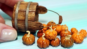 Miniature pumpkin barrel from polymer clay. My YouTube channel: https://www.youtube.com/c/SweetMiniDollHousePavlovaSvetlana | Sweetminidollhouse