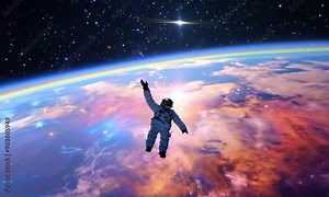 A man in a classic white space suit stands against a neon pink and electric blue cosmic nebula, the stars twinkling brightly around him