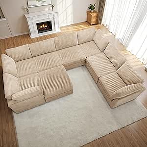 Modular Sectional Sofa Cloud Couch - U Shaped Comfy Oversized Sectional Couches for Living Room,Deep Seat Convertible Sleeper Sofa Bed with Ottoman Chaise for Apartment Office,Plush Corduroy,Beige