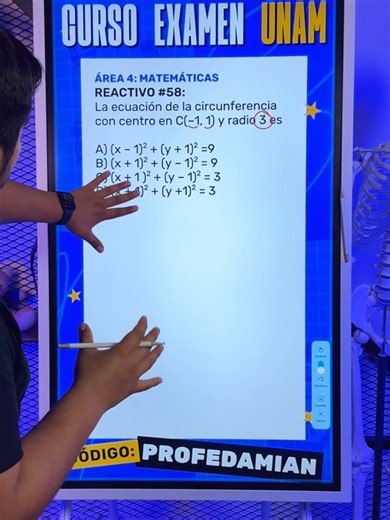 🚀 Reactivo #58 Matemáticas – Guía UNAM 2026 | Área 4 Este ejercicio está fácil si cuidas los signos 👀 Centro en (-1, 1) Radio = 3 Fórmula: (x - h)² (y - k)² = r² Te queda: (x 1)² (y - 1)² = 9 Respuesta correcta: inciso B ✅ 📘 Domina Matemáticas y todas las materias del área 4 en Unibetas Súper Pro Clases en vivo | Simulacros | Talleres | Plataforma 24/7 Comenta ‘‘CURSO UNAM’’ o entra al link de mi perfil #unam #examenunam #unibetas #reactivosunam