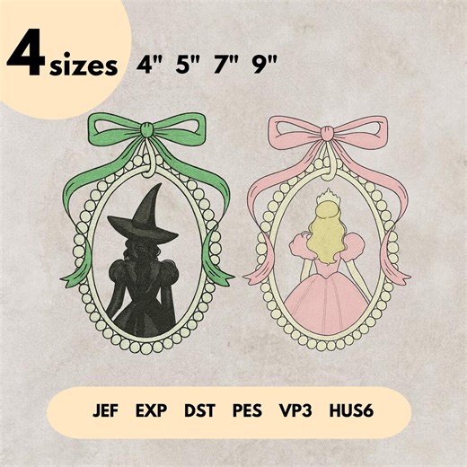 Coquette Bows Wicked Embroidery Designs, Glinda and Elphaba Embroidery File, Wizard of Oz Movie Fan, Wicked Movie, Pink and Green - Etsy
