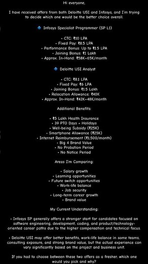 Deloitte USI Analyst vs Infosys Specialist Programmer (SP L1) – Which Is Better?
