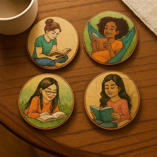 Custom Made Wood-burn (pyrography) Coasters - Girl Reading - Etsy UK