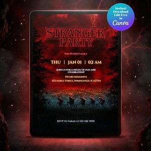 Stranger Things Party Invitation Template, Printable & Animated Versions Included, Upside Down Editable Canva Design - Etsy