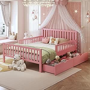 Bellemave Girls Full Bed Frame with Storage Drawers and Both Sides Guardrails, Kids Platform Bed with Headboard and Slat Support, Pink