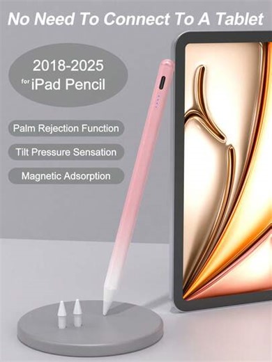 Dieser Stylus-Stift ist kompatibel mit iPad 10.2 Zoll (10. Generation)/10.9 Zoll (2022 Modell), Air 4/5/6/M4, iPad A16 (11. Generation, 2025 Modell), iPad Air 11 Zoll und 13 Zoll (M3/M2), iPad Pro 11 Zoll/12.9 Zoll. Er verfügt über Anti-Fehlberührung und Neigungssensorik, einen eingebauten 90mAh Akku und verwendet kapazitive Berührungstechnologie, geeignet für iOS-Tablets. Die Farbe des Stiftgehäuses ist ein Farbverlauf von Rosa zu Weiß. | SHEIN