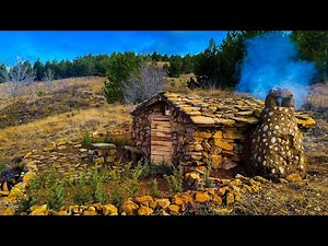 Building Bushcraft Survival Stone Shelter | 14 Days in Off Grid Cabin | Fireplace, Warm House, ASMR