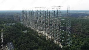 Duga horizon radar systems in Chernobyl, Ukraine. Soviet over-the-horizon military radar station also known as Russian woodpecker aerial view