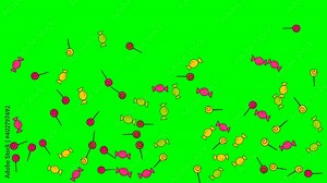 Sweets, candies and lollipops flying on green screen chroma key background. 4K screensaver animation for celebrations like birthday or any party.