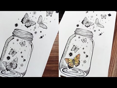 How to draw a jar with butterflies ~ Magical glowing butterflies jar ~Step by step drawing tutorial