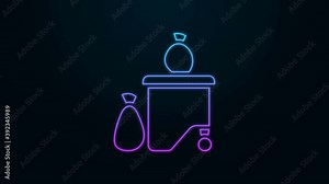 Glowing neon line Dumpsters being full with garbage icon isolated on black background. Garbage is pile lots dump. Garbage waste lots junk dump. 4K Video motion graphic animation