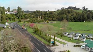 WAITOMO, NEW ZEALAND - SEPTEMBER 2018: Panoramic aerial view of Waitomo countryside and road