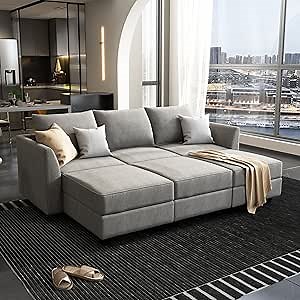 HONBAY Modular Sectional Sleeper Sofa with Storage 6 Piece Modular Sleeper Couch Reversible Sleeper Sectional Couch for Living Room, Grey