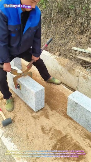 Satisfying Roadwork: Watch a Worker Handle Heavy Curb Stones with a Lifting Clamp! 🛣️🧱↓