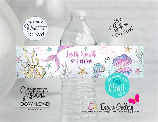 Mermaid Tail Water Bottle Label, Under the Sea Bottle Wrap, Ocean Theme Birthday Decoration (editable, Instant Download) - Etsy
