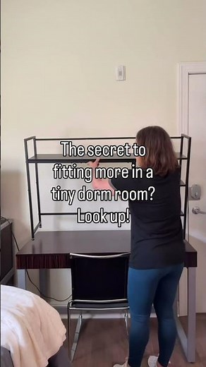 Tiny dorm room? Use the space above the fridge, desk, and bed for extra storage. All 3 links in bio.