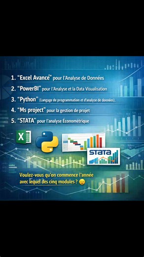 1. Excel Avancé pour l'Analyse de Données 2. PowerBI pour l'Analyse et la Data Visualisation 3. Python (Langage de programmation et d'analyse de données) 4. Ms project pour la gestion de projet 5. STATA pour l'analyse Économétrique Voulez-vous qu'on commence l'année avec lequel des cinq modules ? 😊 #stata #STATA #pyth #python #powerbi#PowerBI #exce#Excel #data#datascience #dataanal#dataanalytics | Center for Economic and Socio-Rural Research and Innovations