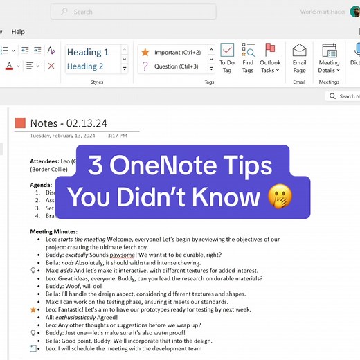 3 OneNote tips I use everyday: Tags, Outlook Tasks (linked to To-Do), and Email directly from the page. #Microsoft #OneNote #productivityhacks #worksmarthacks #microsofttips #onenotetips