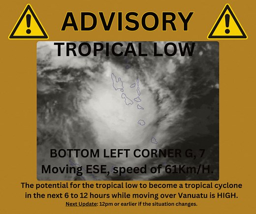 -------------------------- English Version -------------------------- Advisory Number 2 on a Tropical Low issued by the Vanuatu Meteorology and Geo-Hazards Department, Port Vila at 6:29am VUT Friday 9 February 2024. At 06:00am local time today, a Tropical Low (997 hPa) was located near 16.8S 166.2E. The tropical low is positioned at bottom left corner of square letter G, number 7 (G,7) of the Vanuatu tropical cyclone tracking map. This is about 210 KM south southwest of the Santo group. In the p