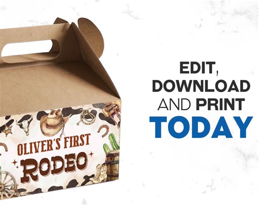 Editable First Rodeo Birthday Gable Box Labels, Cowboy Gable Box Label, Rodeo Gift Box Label, Rodeo Favor Box Label, Cowboy Favor Box, Canva - Etsy