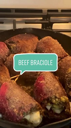 Italian Grandmother makes Beef Braciole, a delectable Italian-style roulade that never fails to bring satisfaction and joy to everyone! This is my mother-in-laws secret recipe (see below) Bon appétit! Beef Braciole, prep time 20 min. Cooking time 1 hour 15 min. Ingredients: (2 ) 28 oz cans San Marsano tomatoes 2 lbs top round steak, sliced, pounded thin 1 cup breadcrumbs 1 cup grated Locatelli Romano cheese 1/4 cup minced fresh parsley 4 finely minced cloves garlic salt and pepper to taste 1/2 c